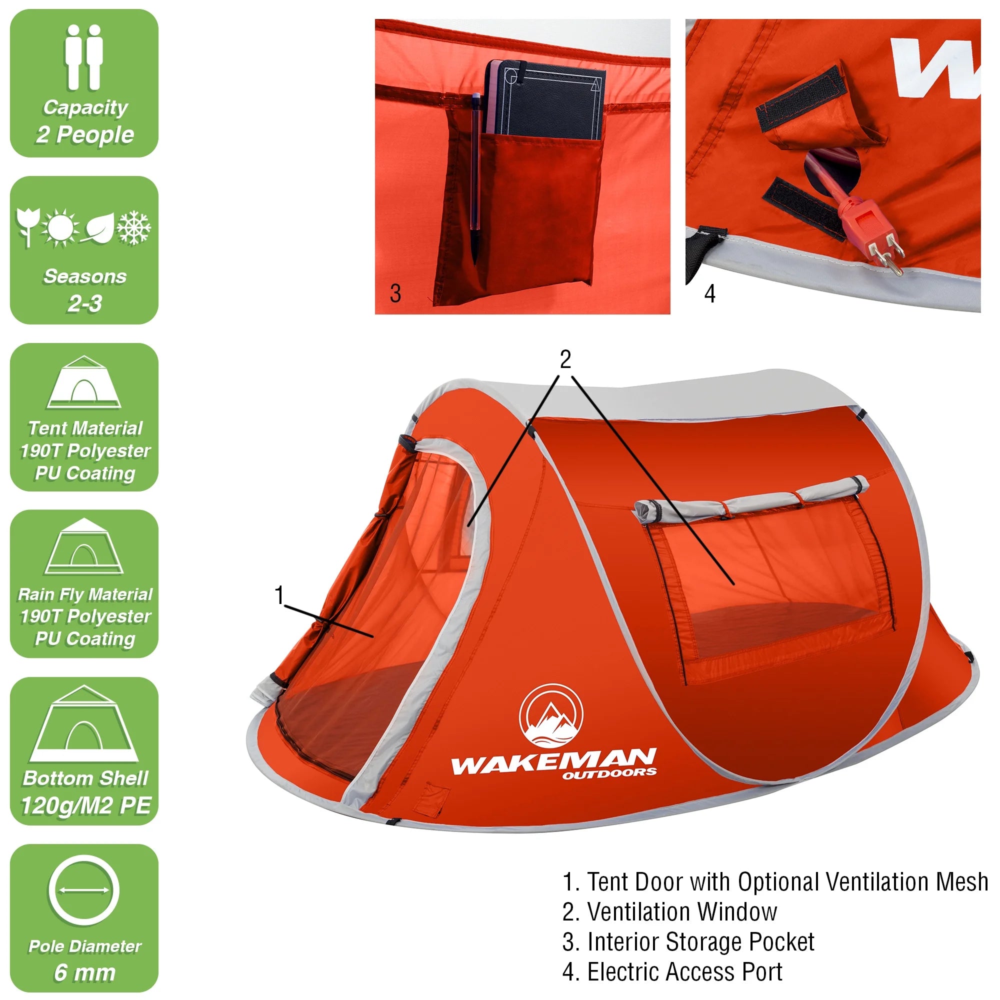 Pop-Up Tent 2 Person, Water Resistant Barrel Style Tent for Camping with Rain Fly and Carry Bag, Sunchaser 2-Person Tent by  Outdoors (Red)