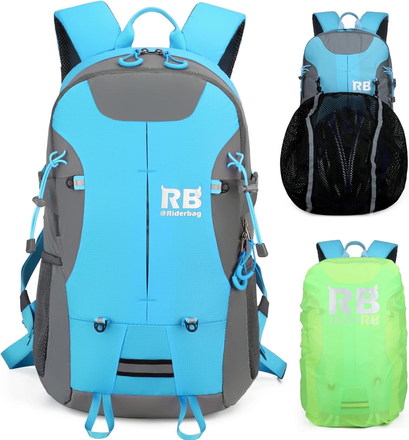 Reflective Motorcycle Backpack – Hi Viz EDC Commuter Bag for Riders, Night Travel, and Daily Use with Helmet Holder, Laptop Compartment, Ventilated Back, Urban Gear (Light Blue Backpack)