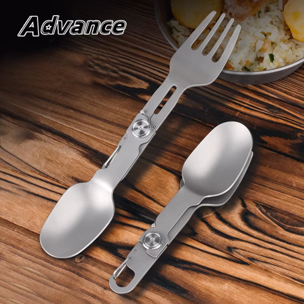 Portable Titanium Alloy 2 in 1 Folding Fork and Spoon Combo Lightweight Camping Utensil Spork for Backpacking Outdoor Tool EDC
