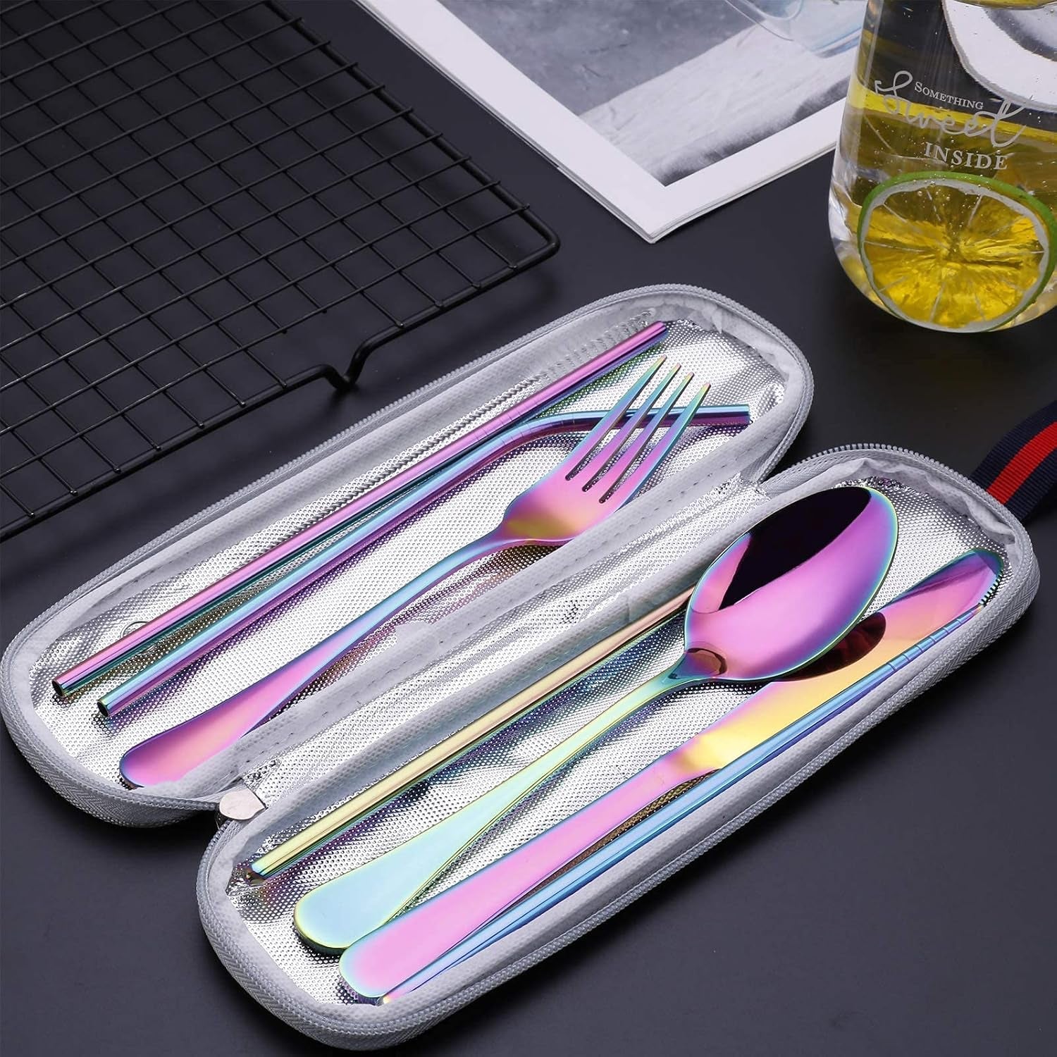 Portable Travel Reusable Lunch Utensils Set with Case Chopsticks for Adults, Portable Reusable Comping Silverware Cutlery Set Metal Travel Eco Friendly with Case Straw Chopsticks for Lunch Box,Rainbow