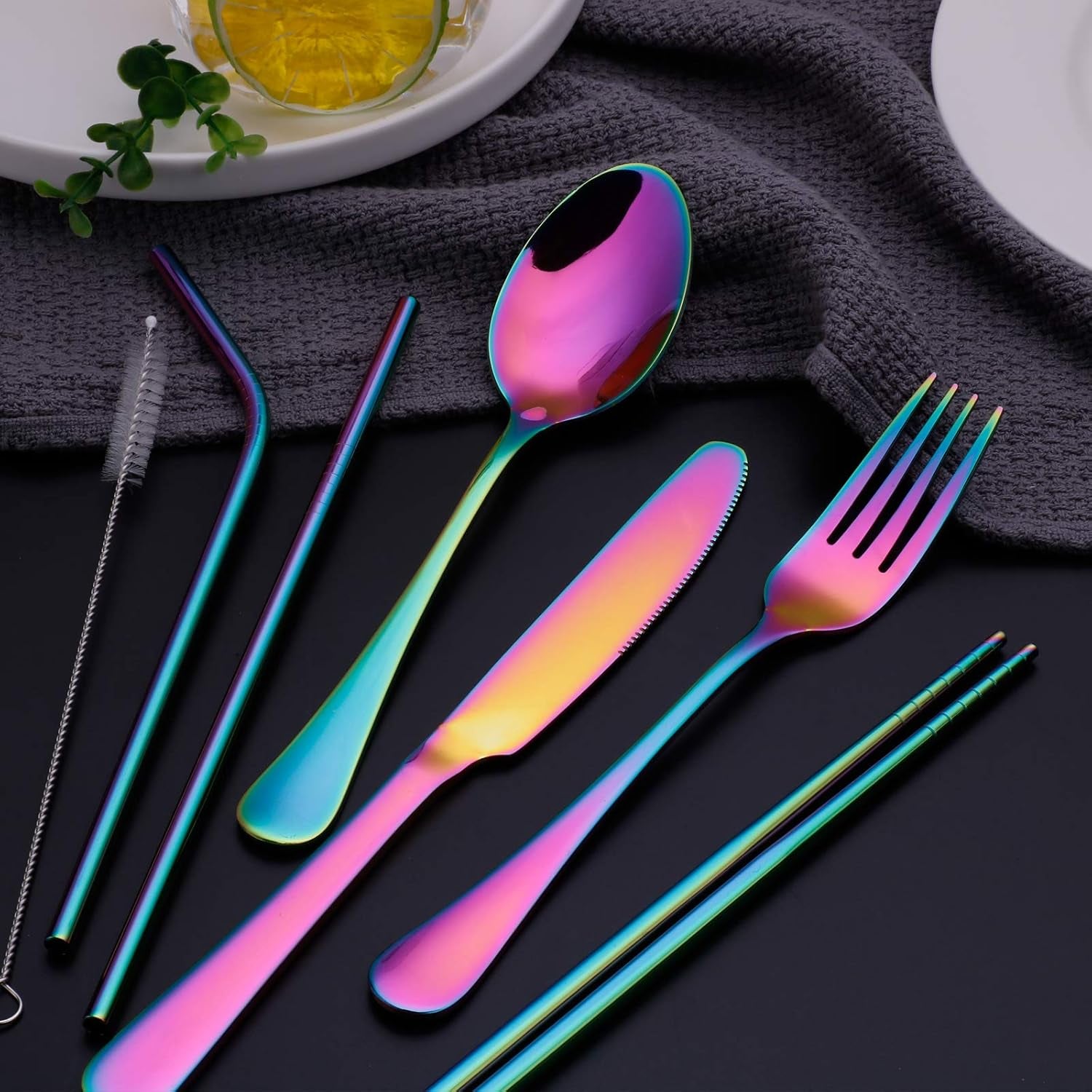 Portable Travel Reusable Lunch Utensils Set with Case Chopsticks for Adults, Portable Reusable Comping Silverware Cutlery Set Metal Travel Eco Friendly with Case Straw Chopsticks for Lunch Box,Rainbow