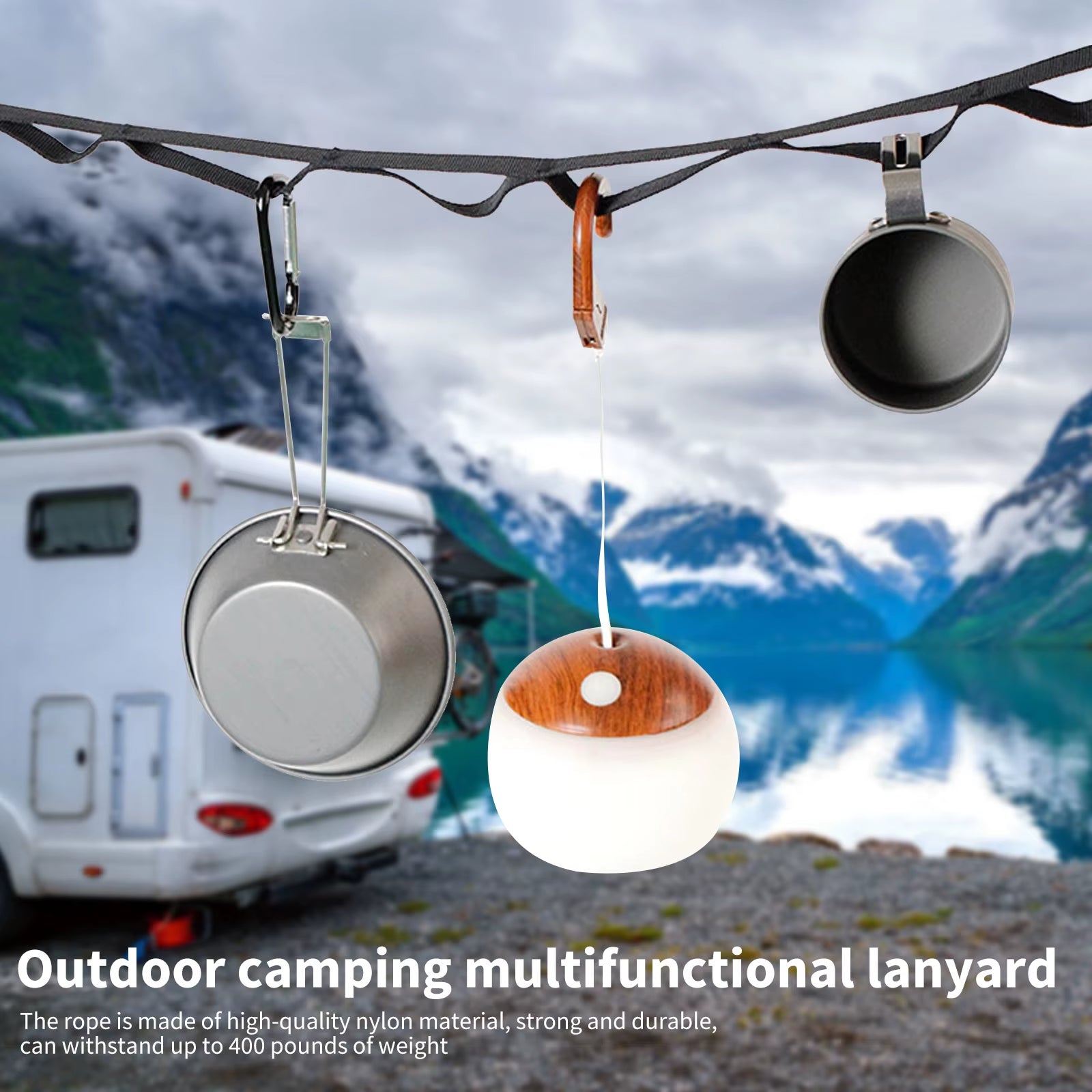 Outdoor Camping Lanyard Hanger, 6.5Ft Hanging Strap for Kitchen Utensil, Bags, Lantern, Lamp, Storage Rope Extension Belt