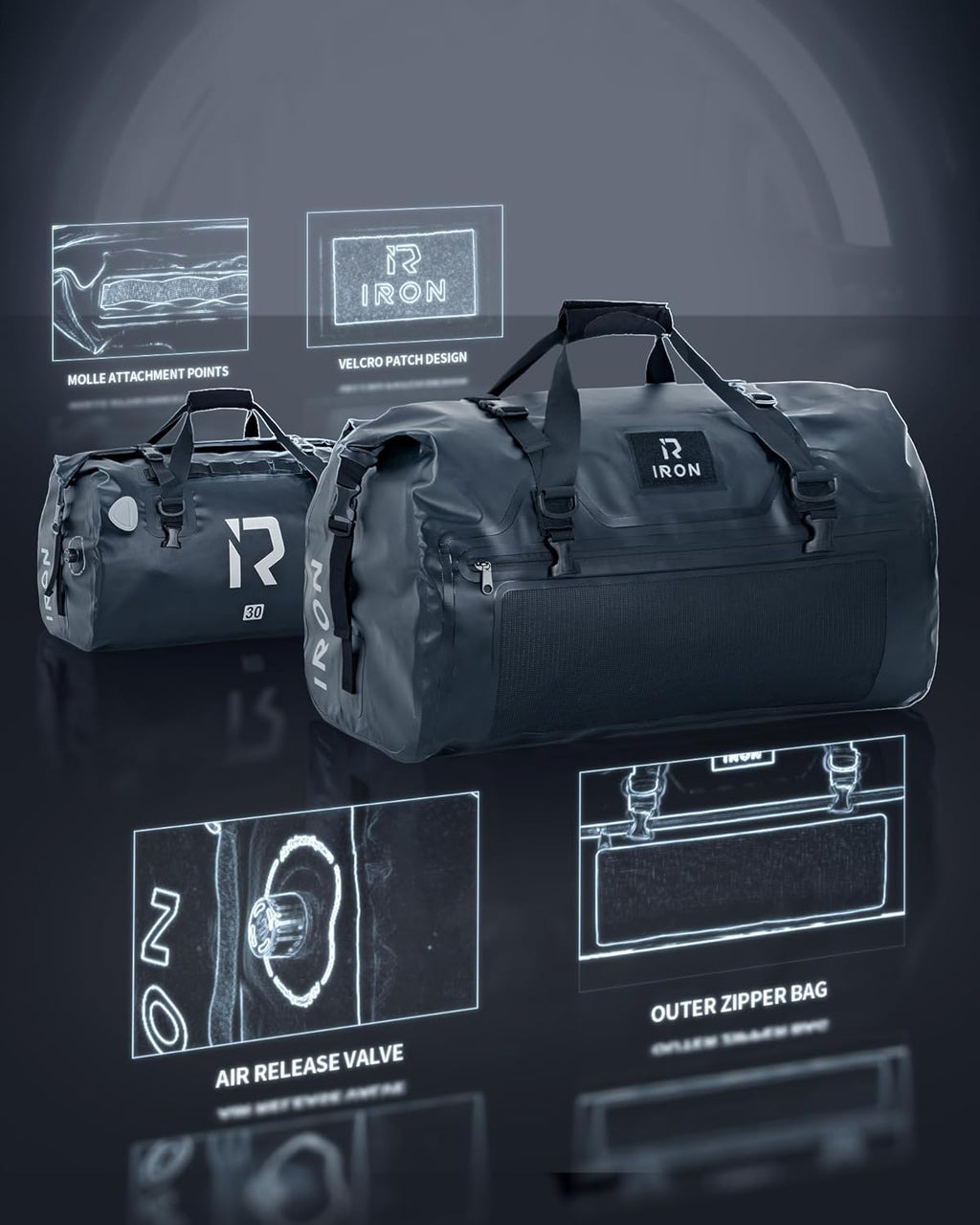 Motorcycle Dry Bag - Waterproof Duffle & Luggage Tail Bag Saddle Bags with Roll Top Closure, Shoulder Straps, Inner Pocket and Mesh Pocket (Black, 30L)