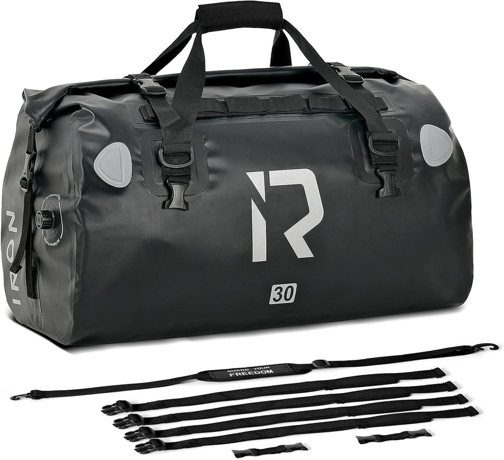 Motorcycle Dry Bag - Waterproof Duffle & Luggage Tail Bag Saddle Bags with Roll Top Closure, Shoulder Straps, Inner Pocket and Mesh Pocket (Black, 30L)