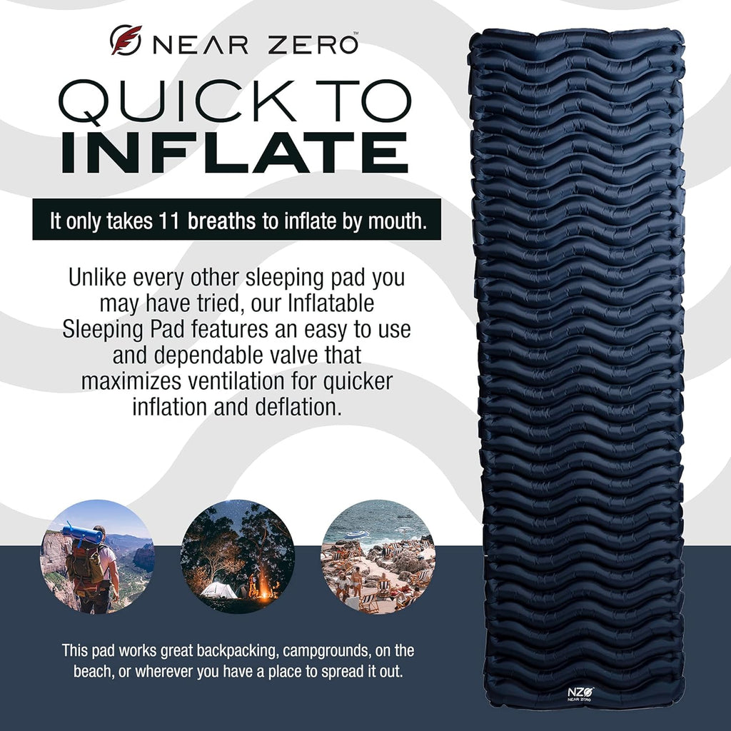 Ultralight Inflatable Sleeping Pad – Compact 14.5 Oz Air Pad 2" Thick, Quick Inflate with 11 Breaths, Durable Rip-Resistant Nylon – Ideal for Backpacking & Warm Weather, Blue