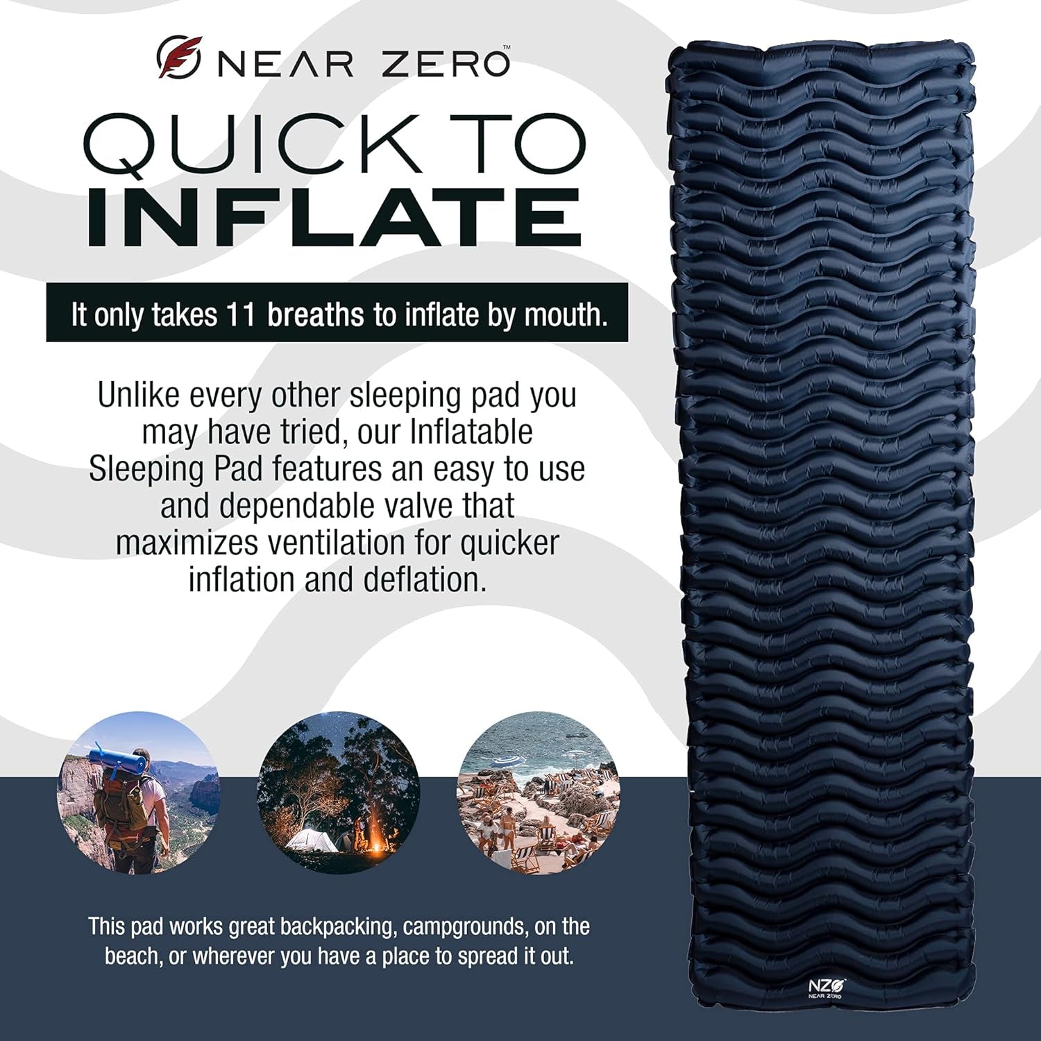Ultralight Inflatable Sleeping Pad – Compact 14.5 Oz Air Pad 2" Thick, Quick Inflate with 11 Breaths, Durable Rip-Resistant Nylon – Ideal for Backpacking & Warm Weather, Blue