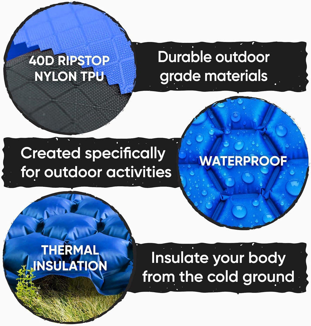 Camping Sleeping Pad - Ultralight Inflatable Camping Mattress Sleeping Mat for Backpacking, Hiking, Compact Lightweight Sleeping Pad for Camping, Inflation Bag/Repair Kit Included