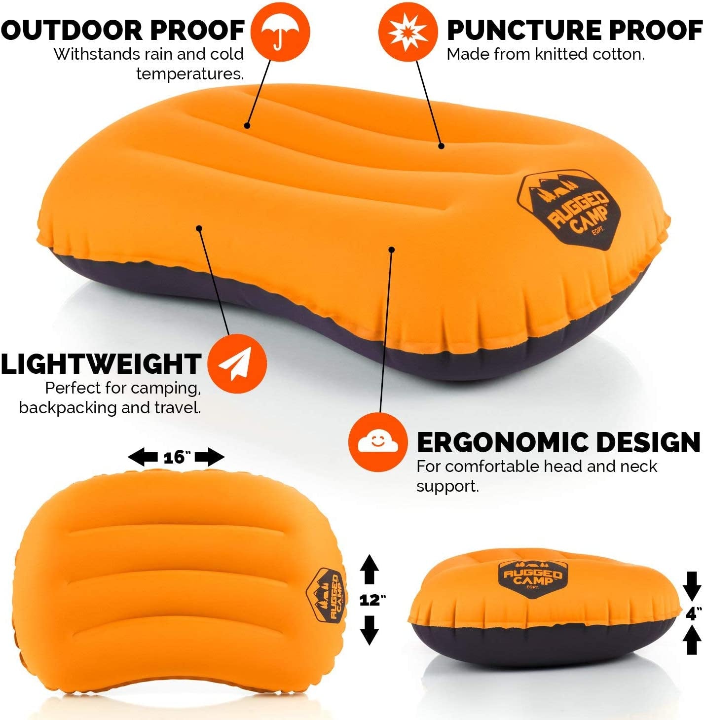 Compressible Inflatable Camping Pillow - Backpacking & Beach Use, Multiple Colors, Ergonomic Neck & Lumbar Support