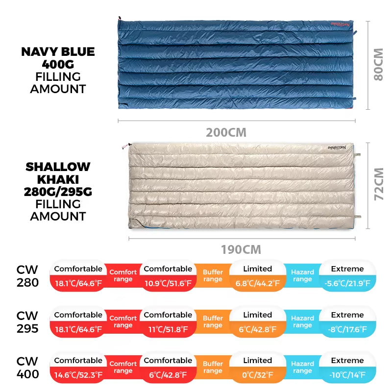 CW280 Sleeping Bag Ultralight Duck down Sleeping Bag Spring Travel Sleeping Bags CWM400 Hiking Camping Sleeping Bag