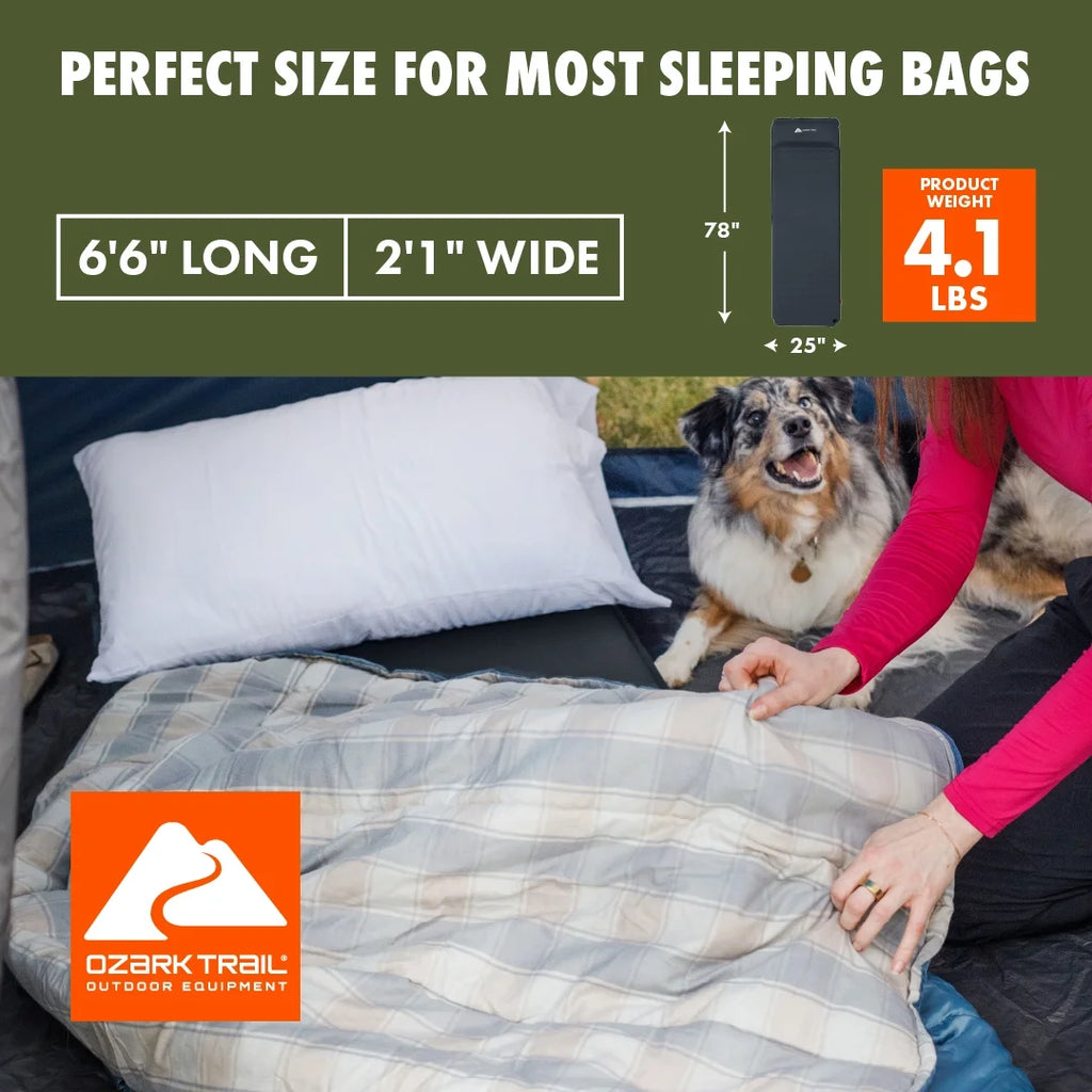 Self-Inflating Camp Pad with Pillow - Grey, Adult, 78" L X 25" W X 2" H