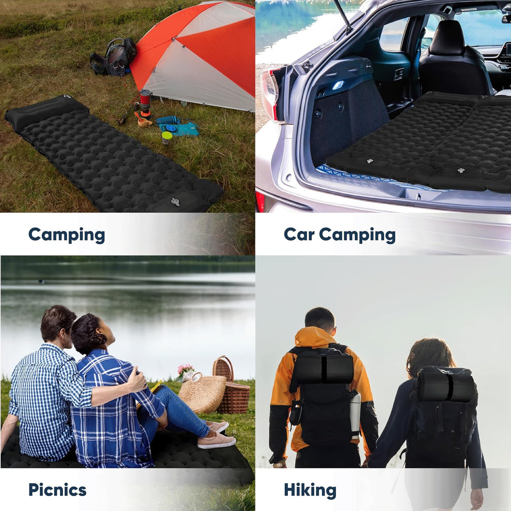 Camping Sleeping Pad 2 Pack, Foot Pump Sleeping Pad for Camping with Built in Pillow, Inflatable Camping Mat, Lightweight Compact Air Mattress Pad for Backpacking Hiking Travelling
